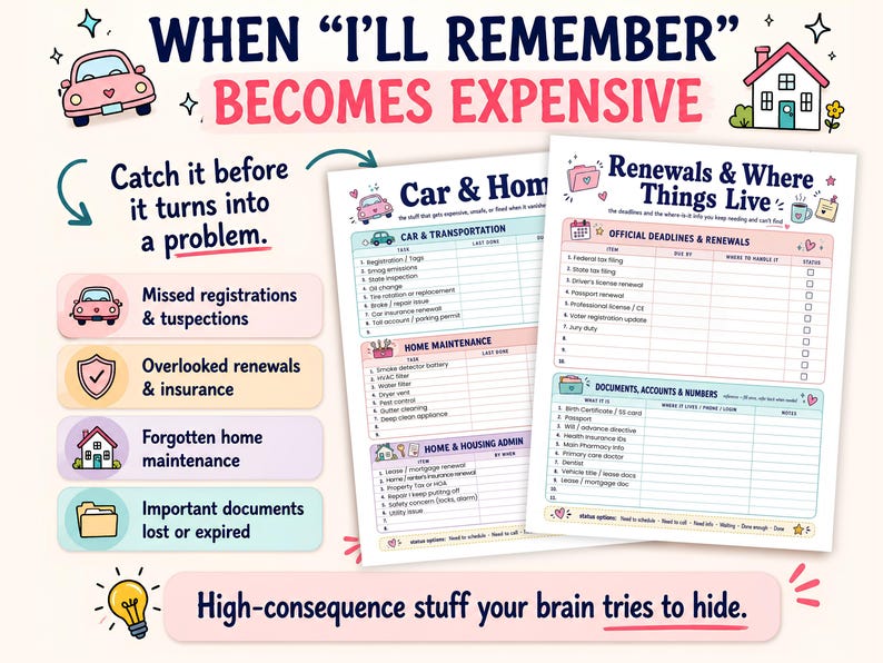 Pode incluir: Um planejador com o texto "Quando eu me lembrar, fica caro". O planejador inclui se&ccedil;&otilde;es para manuten&ccedil;&atilde;o de carro e casa, renova&ccedil;&otilde;es e documentos importantes. A imagem tem um esquema de cores rosa e branco.