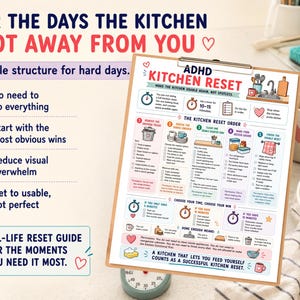 May include: A clipboard with a printed guide titled "ADHD Kitchen Reset" with text and illustrations. The guide offers a gentle structure for hard days, with steps and tips for resetting the kitchen. The background includes a mug and a sink.