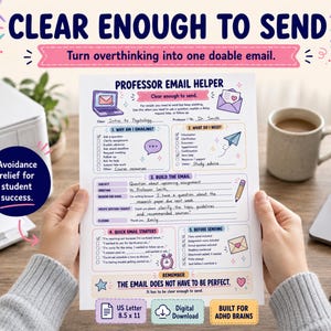May include: A white paper template titled Professor Email Helper with sections for email structure, including checkboxes for reasons for emailing, needs, and quick starters. The document features pastel illustrations of a laptop, envelope, and clock.