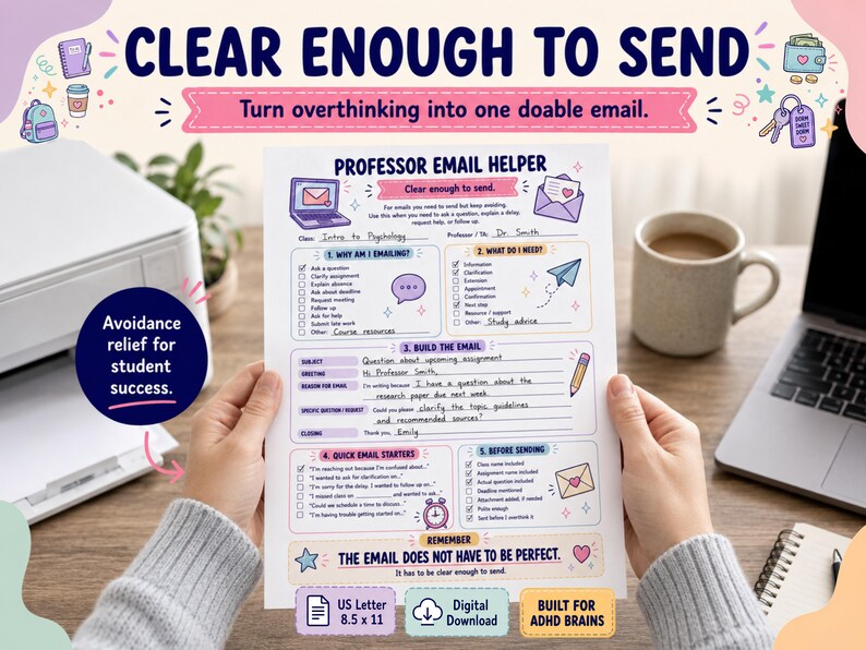 May include: A white paper template titled Professor Email Helper with sections for email structure, including checkboxes for reasons for emailing, needs, and quick starters. The document features pastel illustrations of a laptop, envelope, and clock.