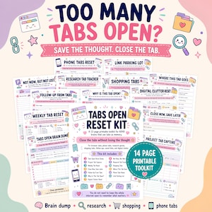 Könnte beinhalten: Ein 14-seitiges druckbares Toolkit mit dem Titel Tabs Open Reset Kit, das verschiedene Organisationsarbeitsblätter für Browser-Tabs, Recherche und digitalen Ballast enthält. Die Seiten enthalten Überschriften wie Phone Tabs Reset.