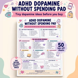 以下が含まれることがあります： ADHD DOPAMINE WITHOUT SPENDING PADというタイトルの50枚綴りの白い紙のメモ帳。ページにはカラフルなセクション、チェックボックス、ドーパミンを求める行動を追跡するためのリストがあり、感覚的、快適、社会的なカテゴリーが含まれています。