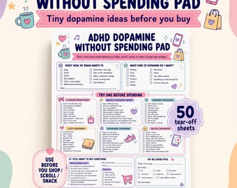 Könnte beinhalten: Ein weißer Papierblock mit dem Titel ADHD DOPAMINE WITHOUT SPENDING PAD mit 50 abreißbaren Blättern. Die Seite enthält farbige Abschnitte, Kontrollkästchen und Listen zur Verfolgung von Dopamin-Suchverhalten, einschließlich sensorischer Kategorien.