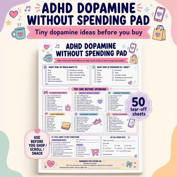ADHD Dopamine Menu Notepad, No Spend Tear Pad, Impulse Buying Help, Shopping Urge Tracker, Low Cost Rewards, 50 Sheet 8.5x11 Pad