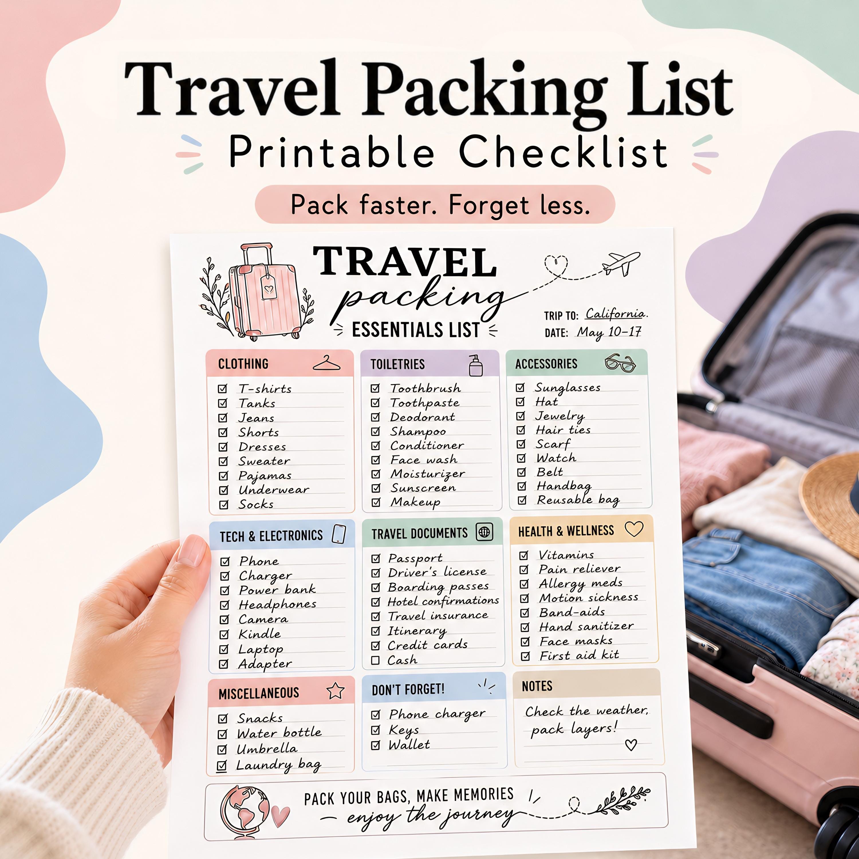 Travel Packing Checklist Printable, Vacation Packing List PDF, Trip ...