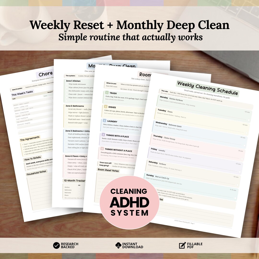 ADHD Cleaning Checklist Printable, Weekly Reset Routine PDF, Monthly