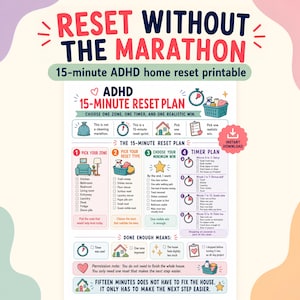 May include: A printable ADHD 15-minute home reset plan featuring colourful icons, checklists, and step-by-step instructions. The document includes sections for picking a zone, reset type, minimum win, and a timer plan, with the text RESET WITHOUT THE MARATHON.