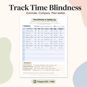 May include: A time management log titled "Track Time Blindness" with sections for tracking tasks, time estimates, and reflections. The document has a clean design and a soft colour palette. The text "Fillable PDF + PNG" is at the bottom of the page.
