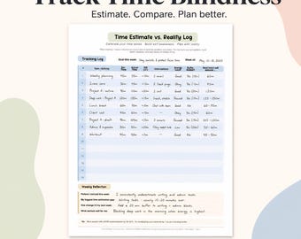 Puede incluir: Un registro imprimible de gestión del tiempo titulado "Track Time Blindness". El documento incluye secciones para el seguimiento de tareas, estimaciones de tiempo y reflexiones. El diseño es limpio con una paleta de colores suaves.