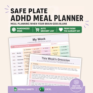 May include: A Safe Plate ADHD meal planner with the text "Meal Planning When Your Brain Goes Blank." The planner includes a randomized week, auto grocery list, and meals from foods you already eat. It is built for ADHD brains.