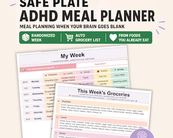Może przedstawiać: Planer posiłków Safe Plate ADHD z tekstem "Planowanie posiłków, gdy Twój mózg się wyłącza". Planer zawiera losowy tydzień, automatyczną listę zakupów i posiłki z produktów, które już jesz.