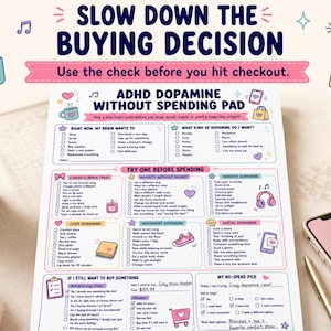 May include: A white paper planning sheet titled ADHD DOPAMINE WITHOUT SPENDING PAD with colorful pastel illustrations of hearts, mugs, and shopping bags. The text includes sections for brain treats, novelty, sensory, cozy, movement, and social dopamine ideas.