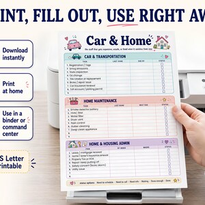 Pode incluir: Uma lista de verifica&ccedil;&atilde;o imprim&iacute;vel para Carro e Casa com se&ccedil;&otilde;es para carro, manuten&ccedil;&atilde;o da casa e administra&ccedil;&atilde;o da casa. A lista inclui &aacute;reas para rastrear tarefas, datas de vencimento e status. O texto "Print, Fill Out, Use Right Away" est&aacute; no topo.