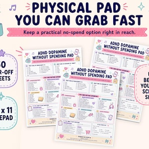 May include: Three 8.5 x 11 inch ADHD dopamine without spending pads with 50 tear-off sheets. The white paper features checklists, boxes, and pastel-colored icons including hearts, mugs, and shopping bags, designed to track spending impulses.
