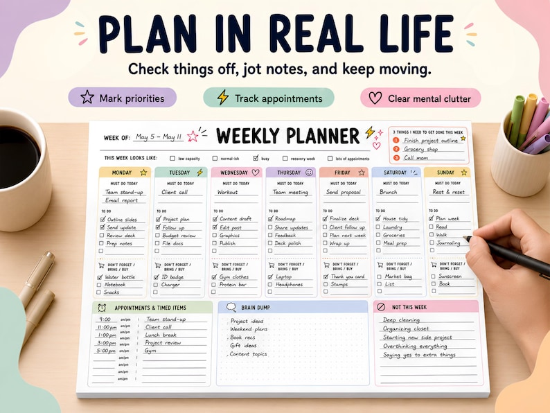 K&ouml;nnte beinhalten: Ein Wochenplaner-Block mit dem Text "PLAN IN REAL LIFE" oben. Der Planer enth&auml;lt Abschnitte f&uuml;r jeden Wochentag mit Platz f&uuml;r Aufgaben, Termine und Notizen. Eine Tasse Kaffee und Stifte liegen auf dem Tisch.