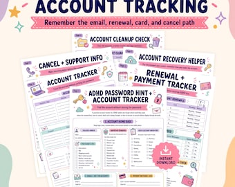 May include: A set of printable digital planner pages titled Password Clues + Account Tracking. The sheets feature sections for account recovery, renewal dates, payment methods, and cancellation support, decorated with colorful icons and text.