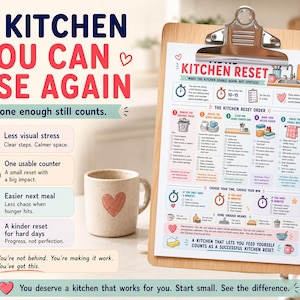 May include: A wooden clipboard holds a "Kitchen Reset" guide with illustrations and text. A beige mug with a red heart sits beside it. The text on the clipboard includes steps for a kitchen reset.