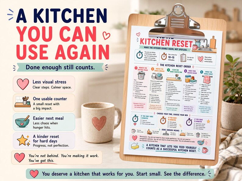 May include: A wooden clipboard holds a "Kitchen Reset" guide with illustrations and text. A beige mug with a red heart sits beside it. The text on the clipboard includes steps for a kitchen reset.