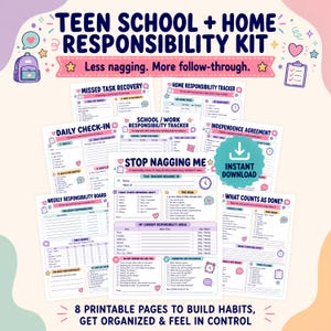 May include: A printable teen school and home responsibility kit featuring multiple pages including a Stop Nagging Me tracker, weekly responsibility board, and independence agreement with pastel-colored icons, hearts, and stars throughout the design.