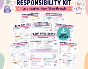 May include: A printable teen school and home responsibility kit featuring multiple pages including a Stop Nagging Me tracker, weekly responsibility board, and independence agreement with pastel-colored icons, hearts, and stars throughout the design.