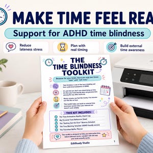May include: A white informational document titled The Time Blindness Toolkit with blue and purple text and icons. It explains ADHD time blindness and lists included resources like a Time Estimation Reality Check Log and a Transition Buffer Planner.