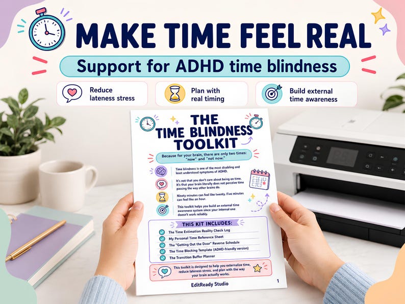May include: A white informational document titled The Time Blindness Toolkit with blue and purple text and icons. It explains ADHD time blindness and lists included resources like a Time Estimation Reality Check Log and a Transition Buffer Planner.