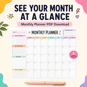 Undated Monthly Planner PDF, ADHD Month at a Glance Calendar, Flexible Monthly Planner, Brain Dump, Big 3 Goals, Digital Download
