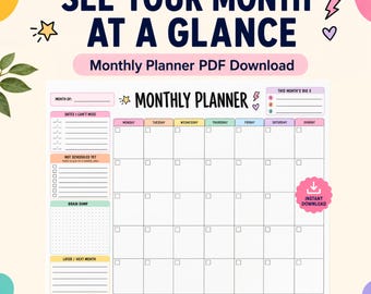 Undated Monthly Planner PDF, ADHD Month at a Glance Calendar, Flexible Monthly Planner, Brain Dump, Big 3 Goals, Digital Download