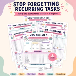 以下が含まれることがあります： STOP FORGETTING RECURRING TASKS、WHEN DID I LAST、PLANTS, PETS + PEOPLE TRACKER、BODY + PERSONAL CARE TRACKER、HOME CAREなどの見出しが付いた、パステルカラーの印刷可能なシート6ページで構成されるADHDライフメンテナンストラッカーキット。
