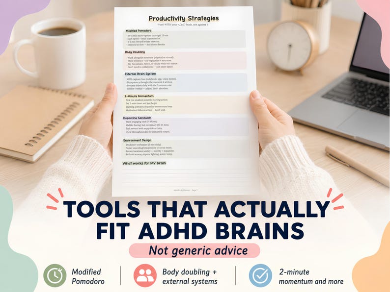 May include: A person holding a white paper titled "Productivity Strategies" with text and coloured blocks. The paper is on a wooden desk with a coffee mug, notebook, clock, and laptop. The text reads "TOOLS THAT ACTUALLY FIT ADHD BRAINS."