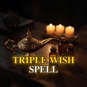 Può includere: Una lampada dorata con intagli intricati è appoggiata su una superficie di legno, accanto a tre piccole bottiglie marroni con tappi di sughero. Il testo "TRIPLE WISH SPELL" è visualizzato in giallo. Candele accese sullo sfondo.
