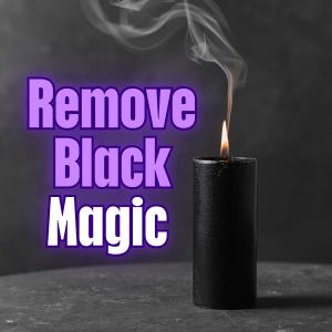 Puede incluir: Una vela negra en forma de pilar con una llama encendida y volutas de humo sobre un fondo oscuro. El texto "Remove Black Magic" se muestra en letras moradas.