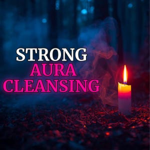 May include: A lit candle with a bright orange flame against a dark, smoky background. The text "STRONG AURA CLEANSING" is displayed in white and pink. The scene evokes a sense of mystery and spiritual practice.