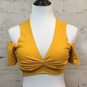 Mustard yellow cotton belly dance choli top available in open, full or scoop back for ATS, ITS, salsa.fusion,tribal bellydance image 1