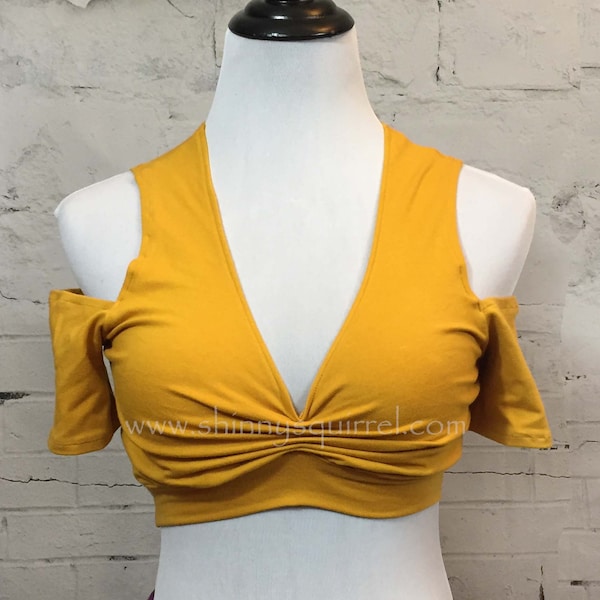 Mustard yellow cotton belly dance choli top available in open, full or scoop back for ATS, ITS, salsa.fusion,tribal bellydance
