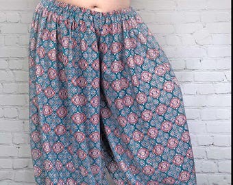 Teal with orange and blue block printed belly dance pantaloons or harem pants 3 yard-renaissance-ATS