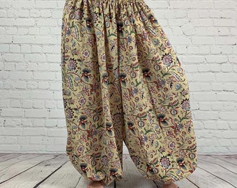 Tan with floral block printed belly dance pantaloons or harem pants 4 yard-renaissance-ATS