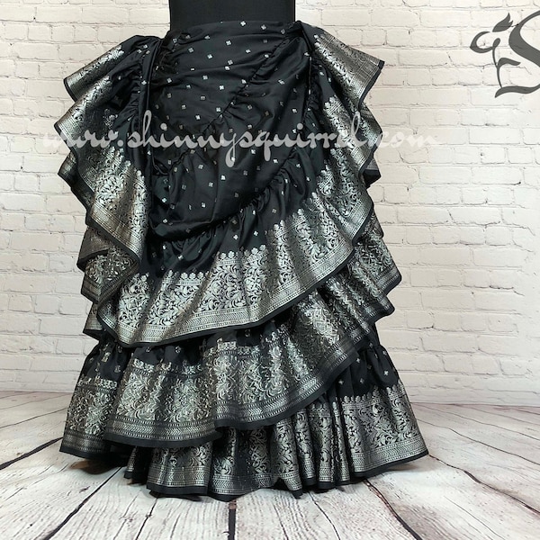 Kaylana black with silver banded bottom 25 yard belly dance skirt/Padma/belly dance/4 tiered/renaissance fair/gypsy/bohemian