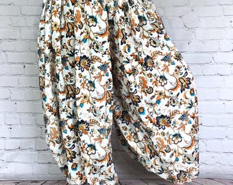 White with blue, turquoise and orange floral block printed belly dance pantaloons or harem pants 3 or 4 yard-renaissance-ATS