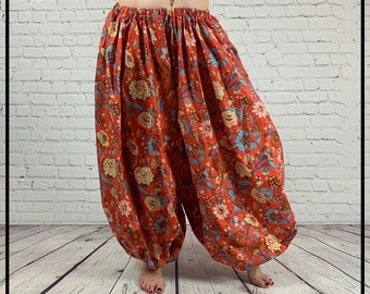 Salmon orange, with blue and cream flowers block printed belly dance pantaloons or harem pants 3 or 4 yard-renaissance-ATS