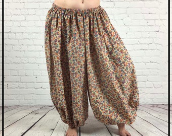 Cream with multi colored flowers block printed belly dance pantaloons or harem pants 3 or 4 yard-renaissance-ATS