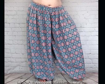 Teal and orange block printed belly dance pantaloons or harem pants 3 or 4 yard renaissance