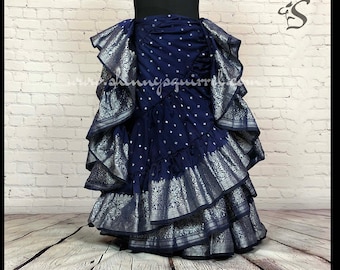 Kaylana navy blue with silver banded bottom 25 yard belly dance skirt/Padma/belly dance/4 tiered/renaissance fair/gypsy/bohemian