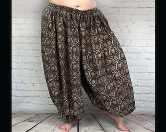 Chocolate brown with grey floral block printed belly dance pantaloons or harem pants 3 or 4 yard-renaissance-ATS