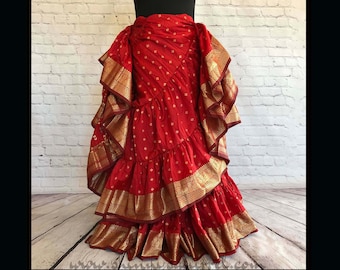 Ruby Red Belly Dance Skirt: Gold Banded 25 Yard Sari Fabric