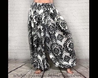 belly dance pantaloons/black and white satin harem pants for tribal fusion/cabaret-3 yard-renaissance-ATS