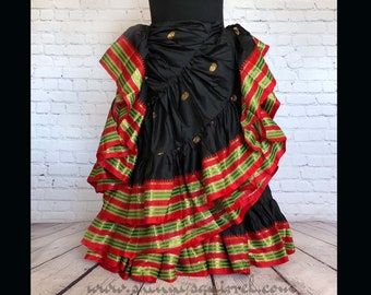 Black silky 25 yard, 4 tiered padma border aishwarya skirt for tribal belly dance and renaissance fair dance costumes