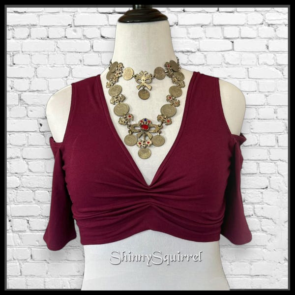 Burgundy cotton belly dance choli top available in full, scoop, or open back for salsa, ATS, ITS,fusion and tribal bellydance