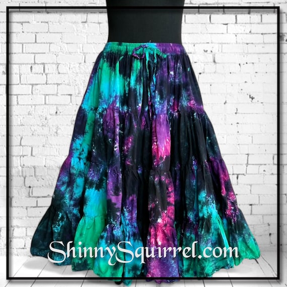 25 or 32 yard skirt/cotton/4 tiered/Tie dyed/ northern lights/turquoise  blue, green, black/belly dance, gypsy, bohemian