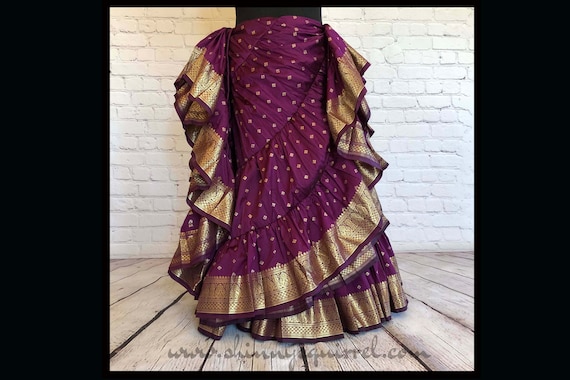 Plum Purple Belly Dance Skirt, Gold Banded 25 Yard Sari Fabric